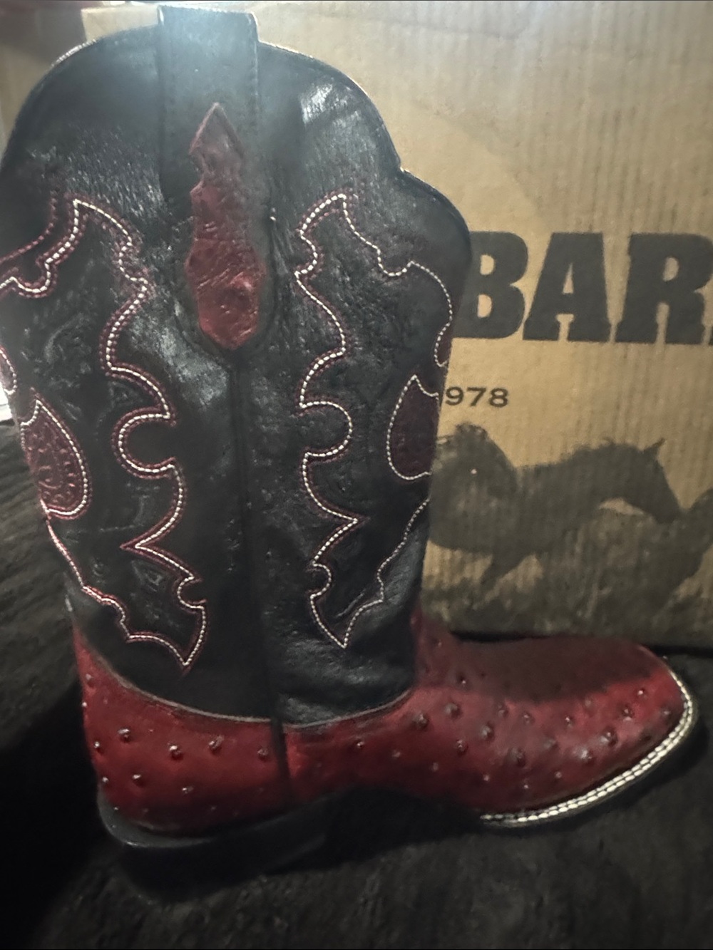 El General Men’s Leather Cowboy Boots - Embossed Ostrich Black Cherry